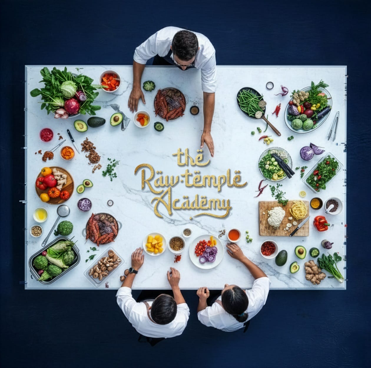 Three people around a table with various dishes of food, featuring 'The Raw Temple Academy' logo.